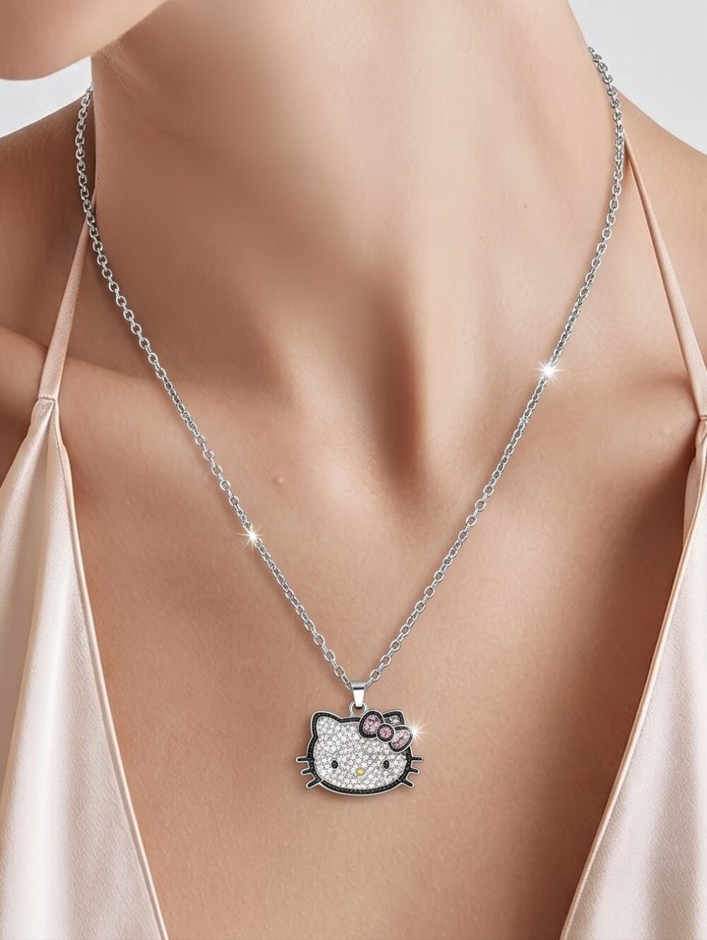 Hello Kitty Rhinestone Necklace Pink Bow Kawaii Silver Pendant Chain Y2K Glam